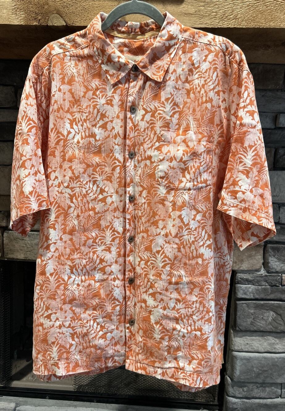 Men’s TOMMY BAHAMA Orange Floral Linen Short Sleeve Button Shirt Size L *B7